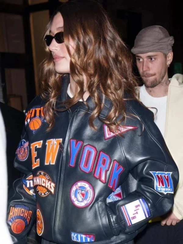 NBA Knicks vs Lakers Game Hailey Bieber New York Knicks Black Leather Jacket